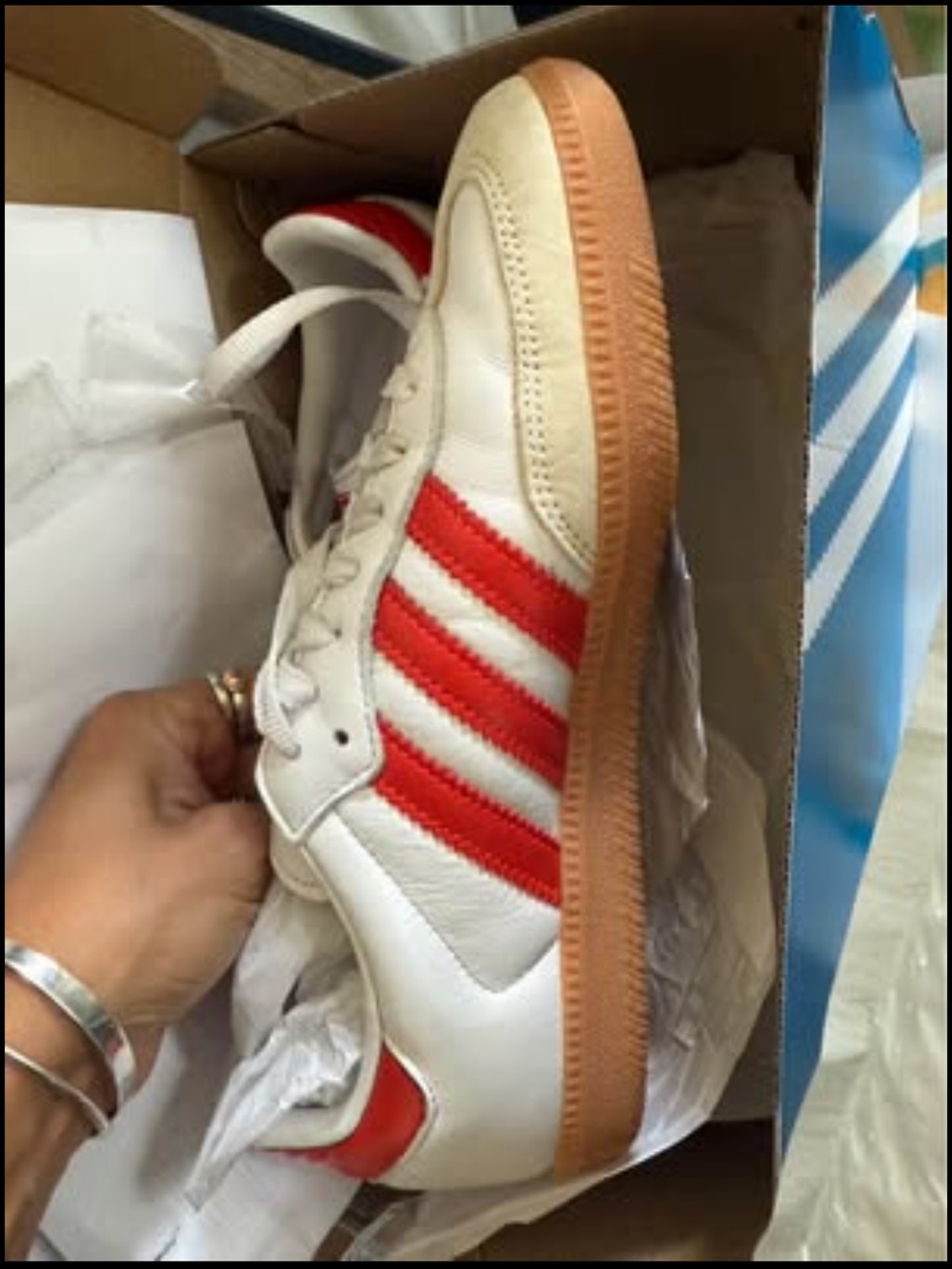 adidas White Sneakers with Red Stripes and Gum Sole